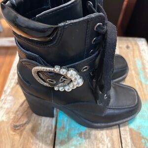 Karl Lagerfeld Black Lace-Up Boots with Silver and Pearl Detail